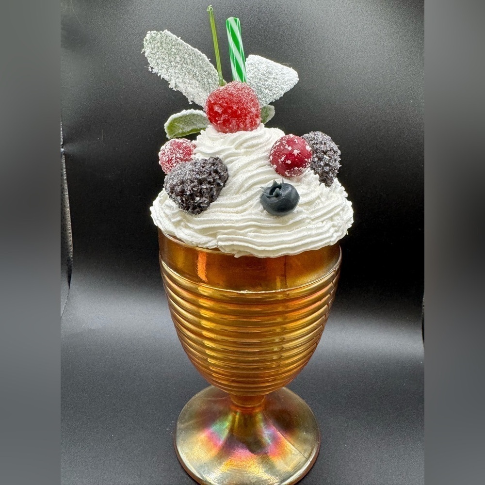 New OOAK Upcycled Carnival Glass Faux Whipped Dessert w/ Fruit Decor